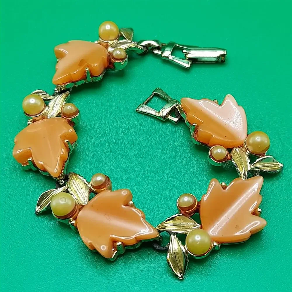 Vintage Orange Moonglow Lucite Leaf Bracelet, Gold Tone, 7 1/4 In, 1950s